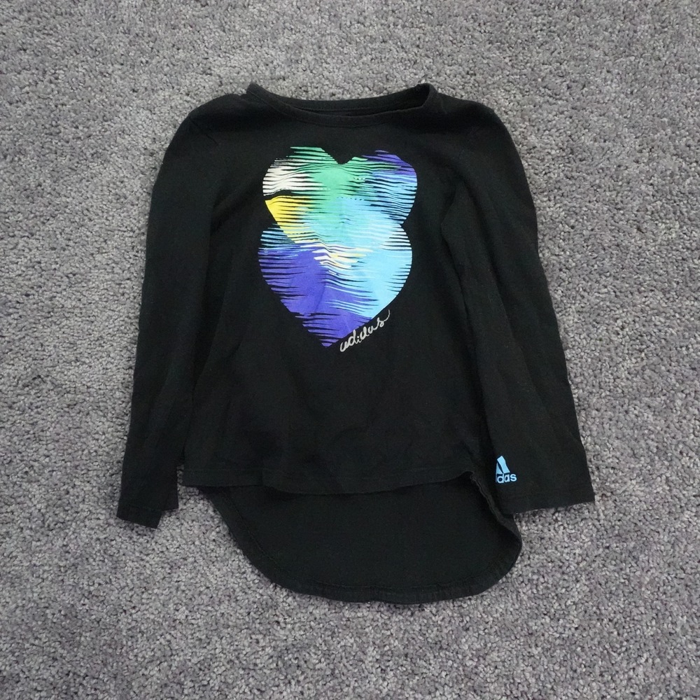 Adidas Shirt Girls 4T Black Heart Graphic Long Sleeve Hi Low Hem Activewear